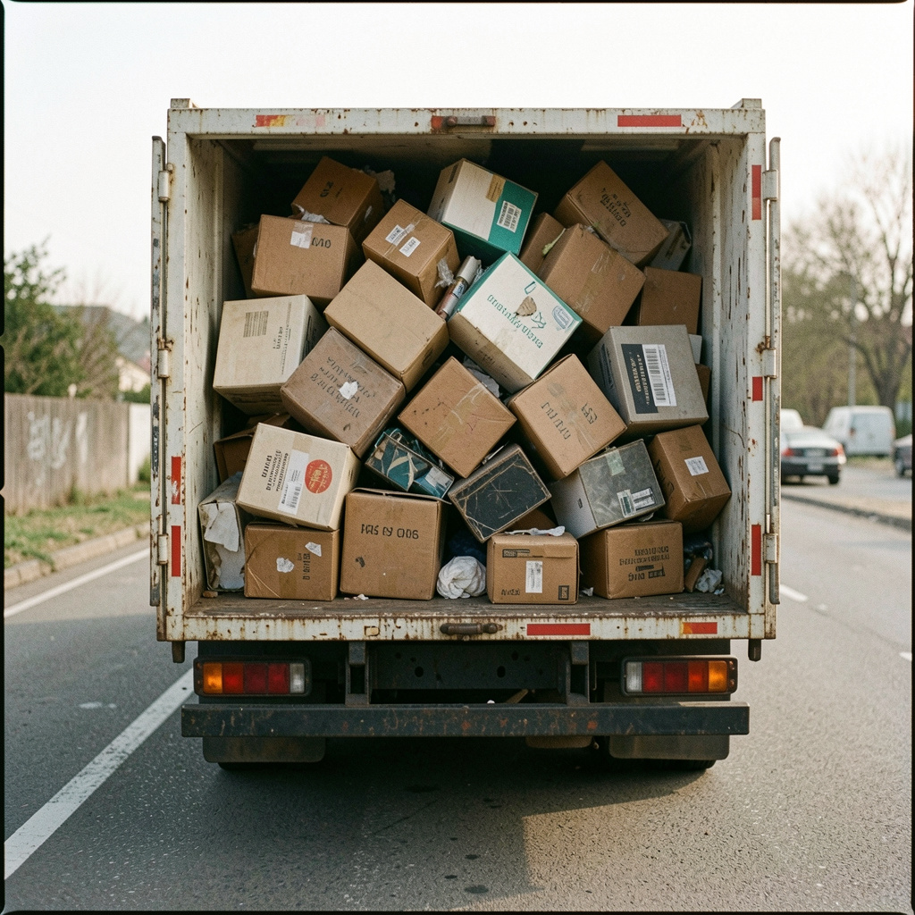 Mismatched cardboard boxes in a moving truck
